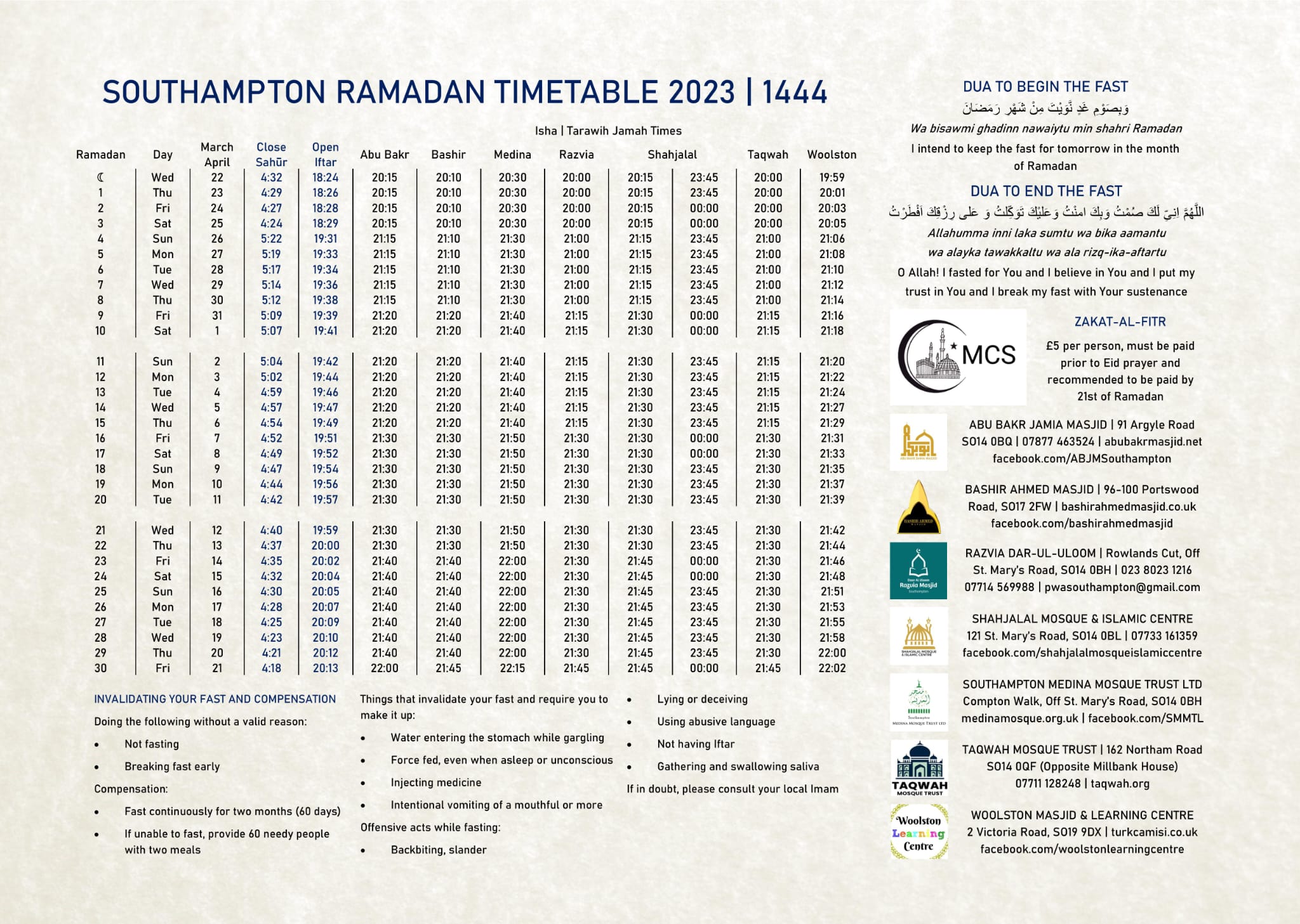 SOUTHAMPTON RAMADAN TIMETABLE 2023 I 1144 1UMMAH